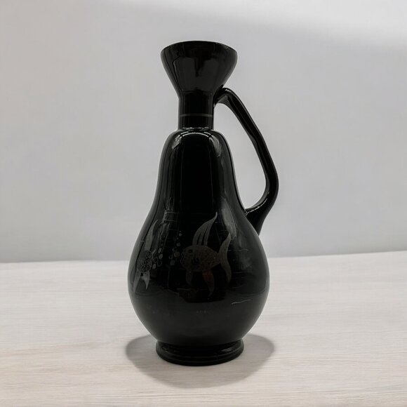 Antique Czechoslovakia Black Amethyst Vase w/ Silver Overlay Art Nouveau Style - Picture 1 of 16